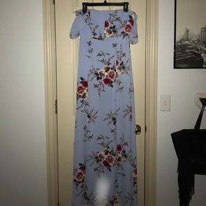 Off the Shoulder Blue Floral Print Maxi Dress